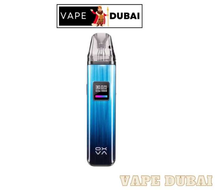 Oxva Xlim Pro Pod Kit 30W Is A Sleek And Compact Vaping Device With A Blue Gradient Body, Digital Display Showing Wattage And Battery Life, Topped With A Clear Pod