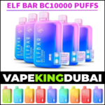 The image is about Elf Bar BC10000 Puffs Disposable Vapes different color and flavors with the loge of Vape King Dubai.