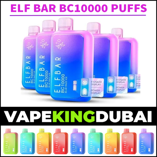 The Image Is About Elf Bar Bc10000 Puffs Disposable Vapes Different Color And Flavors With The Loge Of Vape King Dubai.