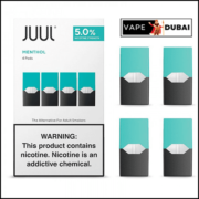 JUUL PODS MENTHOL, a pack of four pods with a traditional menthol flavor and JUULsalts™ e-liquid