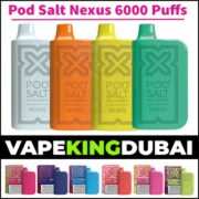 The image is about PodSalt Nexus 6000 Puffs disposable vapes many variations of flavors With the vape king Dubai print logos