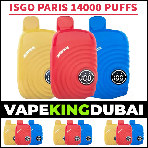 Three Isgo Paris 14000 Puffs Vape Devices In Yellow, Red, And Blue Colors Displayed Against A White Background