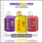 Three colorful OXBAR G8000 Disposable Vape devices in Sakura Grape, Mango Peach, and Sunset Watermelon flavors against a white background.