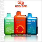Vibrant GEEK Bar Pulse 15000 Puffs Disposable Vape selection in UAE, featuring green, orange, and blue designs, available at VAPE KING DUBAI