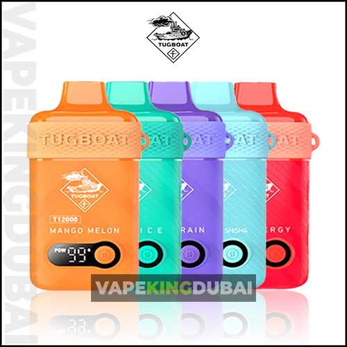 Tugboat T12000 Disposable Vape In Various Flavors Displayed In A Row.