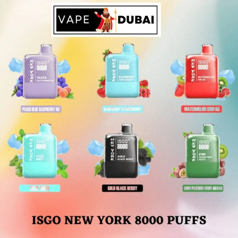 isgo New York 8000 puffs disposable vape is a product that comes in 6 different flavors and colors. The product is shaped like a small rectangular bottle with a black mouthpiece on top. The background is a gradient of pastel colors with the text “VAPE DUBAI” on top.